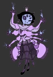 1girl acenth arms_up arthropod_girl black_footwear black_hair colored_skin commentary dress english_commentary extra_arms extra_eyes frilled_sleeves frills full_body grey_background grey_pantyhose grey_skin hat insect_girl long_sleeves looking_at_viewer mini_hat muffet pantyhose pink_dress see-through_clothes see-through_dress short_hair simple_background simulacrum_(titanfall) solo spider_girl standing undertale spider_web_print