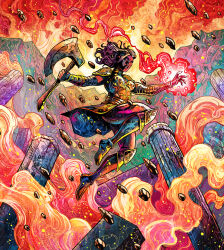 Rule 34 | 1girl, abstract background, architecture, armor, axe, battle axe, black hair, bracelet, breastplate, colorful background, column, destruction, dynamic pose, glint, gold armor, gold bracelet, gold knee pads, holding, holding axe, holding weapon, jewelry, jumping, knee pads, magic, marvel, marvel snap, mountain, mountainous horizon, official art, pebbles, pillar, rock, scenery, science fiction, sera (marvel), shiny skin, sky, skyline, solo, solo focus, sparkle, star (sky), starry sky, vinartwork, weapon, western comics (style)
