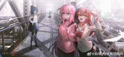 Rule 34 | 4girls, absurdres, ahoge, arm up, black pantyhose, black ribbon, black skirt, blonde hair, blue eyes, blue hair, blue skirt, bocchi the rock!, bow, bridge, building, chinese commentary, city, cityscape, collared shirt, commentary, copyright name, cowlick, detached ahoge, gotoh hitori, green eyes, guitar case, hair between eyes, highres, holding, holding leaf, holding phone, ijichi nijika, instrument case, kita ikuyo, leaf, light rays, loafers, long hair, long sleeves, looking at viewer, multiple girls, neck ribbon, neckerchief, one side up, pantyhose, parted bangs, pedestrian bridge, phone, pink hair, pink track suit, pleated skirt, railroad tracks, red bow, red eyes, red hair, red neckerchief, ribbon, sailor collar, school uniform, selfie, shimokitazawa high school uniform, shirt, shoes, shuka high school uniform, side ponytail, sidelocks, simple bird, skirt, skyscraper, socks, tactile paving, track suit, train, train station, very long hair, watermark, waving, weibo watermark, white sailor collar, white shirt, white socks, xtears kitsune, yamada ryo, yellow eyes