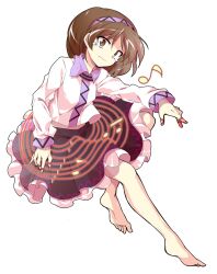 Rule 34 | 1girl, alphes (style), bare legs, barefoot, brown hair, closed mouth, commentary request, crying, crying with eyes open, dairi, feet, frilled skirt, frills, full body, hairband, large variant set, legs, long sleeves, looking at viewer, musical note, parody, purple hairband, shirt, short hair, skirt, soles, solo, style parody, tachi-e, tears, toes, touhou, transparent background, tsukumo yatsuhashi, variant set, white shirt