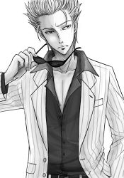 1boy akagi akagi:_yami_ni_oritatta_tensai bad_id bad_pixiv_id coat collarbone formal_clothes fukumoto_mahjong greyscale hirayama_yukio ichigou_(pixiv) lowres male_focus monochrome open_clothes open_shirt pinstripe_pattern pinstripe_suit shirt solo striped suit sunglasses