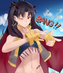 1girl absurdres bandeau bare_shoulders black_hair blue_bandeau blue_sky blush breasts cropped_vest earrings fate/grand_order fate_(series) finger_gun fingerless_gloves gloves hair_ribbon highres hoop_earrings ishtar_(fate) jewelry long_hair looking_at_viewer multicolored_hair navel one_eye_closed parted_bangs puckered_lips red_eyes red_hair ribbon s4ika sky small_breasts solo space_ishtar_(fate) space_ishtar_(second_ascension)_(fate) tiara two-tone_hair two_side_up vest yellow_gloves yellow_vest