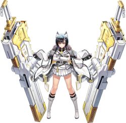1girl :&lt; absurdres aiguillette animal_ear_fluff animal_ears armband belt black_armband black_belt black_gloves black_hair black_shirt bob_cut boots bracelet breasts buttons chain closed_mouth coat coat_on_shoulders collared_shirt crescent crescent_hair_ornament crossed_arms double-breasted full_body fur-trimmed_coat fur_trim game_cg gloves hair_ornament hairclip highres huge_weapon jacket japanese_text jewelry knee_boots kneehighs last_origin leg_belt looking_at_viewer machinery medium_breasts multiple_belts necklace necktie official_art pin pleated_skirt sheath sheathed shirt short_hair shoulder_belt simple_background skirt skull_necklace socks solo spiked_bracelet spikes standing sun_symbol sword tachi-e taesi tag thick_eyebrows transparent_background uniform vargr_(last_origin) weapon white_boots white_jacket white_skirt wolf_ears yellow_eyes yellow_necktie
