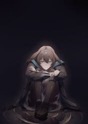 1girl absurdres amiya_(arknights) animal_ears anklet arknights black_background black_jacket black_pantyhose black_shoes blue_eyes brown_hair closed_mouth crossed_arms dark ears_down full_body haaahoi hair_between_eyes highres jacket jewelry looking_down multiple_rings pantyhose ring sad shoes sitting solo unhappy worried