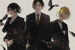1girl 2boys armin_arlert ascot bird black_ascot black_bird black_hair black_jacket black_suit blonde_hair blue_eyes breasts brown_hair brown_necktie buttons collared_shirt double-breasted eren_yeager formal_clothes green_eyes grey_background grey_eyes hair_between_eyes highres jacket medium_breasts mikasa_ackerman multiple_boys necktie parted_bangs parted_lips shingeki_no_kyojin shirt short_hair suit suit_jacket upper_body white_shirt zhuse_fuxianqing