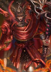 1boy armor artist_name cederus chainmail commentary elden_ring elden_ring:_shadow_of_the_erdtree english_commentary fingernails gold_bracer helmet highres jewelry long_fingernails male_focus messmer_the_impaler one-eyed ornate ornate_armor ornate_weapon red_robe red_shawl red_snake ring robe shawl single_vambrace snake snake_wrapped_around_body solo vambraces yellow_eyes