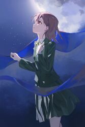 1girl absurdres bang_dream! bang_dream!_it&#039;s_mygo!!!!! closed_mouth commentary green_necktie green_skirt grey_hair highres holding holding_notebook hu_pi_xuan_jiao long_hair moon necktie notebook pleated_skirt red_eyes school_uniform short_hair skirt sky solo star_(sky) starry_sky takamatsu_tomori