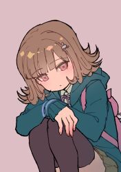 1girl backpack bag breasts brown_hair collared_shirt danganronpa_(series) danganronpa_2:_goodbye_despair feet_out_of_frame flipped_hair hair_ornament highres hood jacket long_sleeves looking_at_viewer medium_hair nanami_chiaki neck_ribbon open_clothes open_jacket pink_eyes pink_ribbon pleated_skirt ribbon shirt skirt solo spaceship_hair_ornament thighhighs white_shirt youko-shima