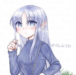 1girl 37kuki770 artist_name bag blue_eyes blue_hair blue_sweater blush bracelet braid breasts brown_nails casual chinese_commentary commentary_request contemporary fate/grand_order fate/stay_night fate_(series) fingernails grabbing_own_hair jewelry long_fingernails long_hair long_sleeves looking_at_viewer medea_(caster)_(fate) medea_(fate) mixed-language_commentary parted_lips pointy_ears shoulder_bag side_braid simple_background solo sweater turtleneck turtleneck_sweater upper_body variant_set white_background white_bag