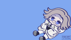 aotsuki_eito black_gloves blue_background blue_eyes closed_mouth glasses gloves grey_hair highres jacket male_focus pants parted_hair simple_background smile solo solo_focus the_hundred_line_-last_defense_academy- white_jacket white_pants