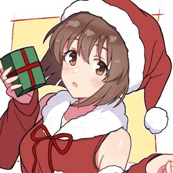 1girl :o bare_shoulders blush border box breasts brown_eyes brown_hair christmas detached_sleeves dot_nose fuminomino fur-trimmed_headwear fur-trimmed_sleeves fur_trim gift gift_box hagiwara_yukiho hands_up hat highres holding holding_gift idolmaster idolmaster_(classic) long_sleeves looking_at_viewer medium_breasts medium_hair red_hat red_ribbon red_shirt red_sleeves ribbon santa_costume santa_hat shirt shirt_ribbon sleeveless sleeveless_shirt solo textless_version upper_body white_border yellow_background