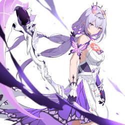 1girl absurdres asymmetrical_gloves bare_shoulders black_tiara breasts castorice_(honkai:_star_rail) chinese_commentary commentary_request cowboy_shot dress flower from_side gloves hair_flower hair_intakes hair_ornament highres holding holding_scythe holding_weapon honkai:_star_rail honkai_(series) kazezz large_breasts long_hair looking_at_viewer pink_flower pointy_ears purple_eyes purple_gloves purple_hair scythe sidelocks solo tiara uneven_gloves very_long_hair weapon white_background white_dress