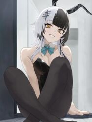 Rule 34 | 1girl, absurdres, animal ears, aoteka, bare shoulders, black hair, black leotard, black pantyhose, bow, breasts, cleavage, detached collar, eyelashes, eyeliner, fake animal ears, grey hair, hair ornament, highres, hololive, hololive english, leotard, long hair, looking at viewer, makeup, medium breasts, multicolored hair, on floor, open mouth, pantyhose, playboy bunny, rabbit ears, shiori novella, sitting, smile, solo, split-color hair, strapless, strapless leotard, streaked hair, two-tone hair, virtual youtuber, white hair, yellow eyes