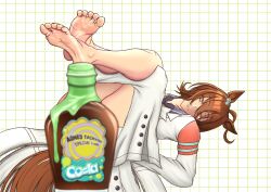 1girl absurdres agnes_tachyon_(umamusume) animal_ears barefoot brown_eyes brown_hair feet feet_up glycogen highres horse_ears horse_girl horse_tail looking_at_viewer lying medium_hair on_back smile soles tail toes umamusume