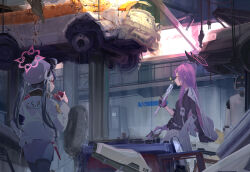 2girls absurdres android_(blue_archive) blue_archive blue_hair blue_pantyhose blue_shirt blue_skirt car chinese_commentary commentary_request crane_(machine) donut food from_behind from_side fubuki_(blue_archive) garage gloves grin gun hair_ribbon halo highres holding holding_wrench indoors jacket jacket_on_shoulders jitome junk linxi long_hair long_sleeves looking_at_another mac-10/11 mechanical_halo motor_vehicle multiple_girls pantyhose pencil_skirt pleated_skirt police police_uniform policewoman profile purple_hair red_eyes ribbon robot shirt skirt smile sparkle submachine_gun twintails utaha_(blue_archive) weapon white_jacket white_ribbon white_skirt wrench