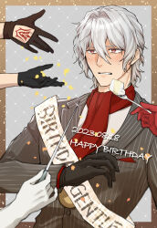 1boy absurdres antonio_salieri_(fate) black_gloves blush border brown_border character_request conductor_baton dated fate/grand_order fate_(series) fork fujimaru_ritsuka_(female) gloves grey_hair grey_jacket grimace hair_between_eyes happy_birthday highres holding holding_fork itokon300 jacket long_sleeves looking_at_another male_focus out_of_frame red_eyes red_scarf scarf short_hair solo_focus striped_clothes striped_jacket vertical-striped_clothes vertical-striped_jacket wolfgang_amadeus_mozart_(fate)