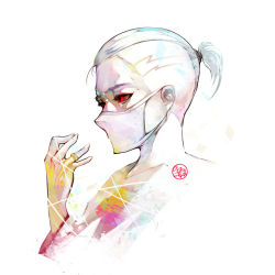 1boy collarbone colored_sclera colorful hand_up jewelry looking_to_the_side male_focus mask mouth_mask ponytail profile red_eyes red_sclera ring self-portrait shaved_head signature simple_background solo surgical_mask white_background white_hair white_mask wookyung