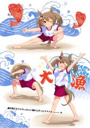 Rule 34 | 1girl, ;d, aged down, animal ears, arms up, barefoot, bow, brown eyes, brown hair, commentary request, gym shirt, gym shorts, gym uniform, hair between eyes, hair bow, highres, horse ears, horse girl, horse tail, moko39 takasora, multiple views, name tag, one eye closed, open mouth, outstretched arm, pink bow, purple bow, purple shorts, shirt, short sleeves, shorts, smart falcon (umamusume), smile, tail, translation request, twintails, umamusume, white shirt, yellow bow