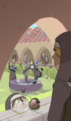 1boy :d absurdres anger_vein animal animal_on_shoulder arch ball baseball bird black_hair blue_eyes broom brown_hair bucket bush clumsy_nun_(diva) cookie duck egg father_(diva) food fountain frog froggy_nun_(diva) glasses glasses_nun_(diva) habit hair_between_eyes hand_on_own_face hangman_(game) highres holding_frog laughing little_nuns_(diva) marcotonio nest nun open_mouth paper_airplane pointing rake rooftop scrub_brush silk silver_hair skateboard smile smug_nun_(diva) soccer_ball spicy_nun_(diva) spider_web spitting standing standing_on_one_leg statue strict_nun_(diva) traditional_nun water window