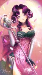 1girl anjo_nala artist_name bare_shoulders breasts choker cleavage cowboy_shot curled_horns demon_girl demon_horns dress elbow_gloves falling_petals glint gloves green_tail grey_choker grey_gloves grin hand_up head_tilt highres holding holding_microphone_stand horns long_dress looking_at_viewer low_horns medium_breasts microphone_stand niviria_artist parted_bangs parted_lips petals pink_background pink_dress purple_eyes purple_hair reverse:1999 side_slit smile solo wavy_hair