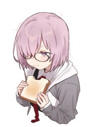 1girl :t absurdres black-framed_eyewear black_shirt blush bread bread_slice closed_mouth collared_shirt commentary eating ebora english_commentary fanged_bangs fate/grand_order fate_(series) food glasses grey_hoodie hair_over_one_eye highres hood hoodie long_sleeves mash_kyrielight medium_hair messy_hair necktie one_eye_covered pink_eyes pink_hair red_necktie shirt simple_background sleeves_past_wrists solo white_background white_shirt