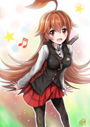 1girl ahoge black_vest breasts brown_bag brown_eyes brown_hair duel_masters duel_masters_play&#039;s fishnet_pantyhose fishnet_thighhighs fishnets flute highres huge_ahoge instrument kokko_rupiko long_hair long_sleeves looking_at_viewer medium_breasts musical_note open_mouth pantyhose pleated_skirt r-binon recorder red_skirt shirt signature skirt solo star_(symbol) thighhighs very_long_hair vest white_shirt