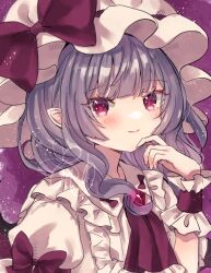 1girl grey_hair hat jaku_sono medium_hair mob_cap pink_hat pink_shirt purple_background red_eyes remilia_scarlet shirt simple_background solo touhou upper_body