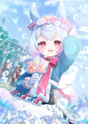 1girl 2boys absurdres animal_ears blue_bow blue_flower blue_hair blue_sky blush bouquet bow bowtie cloud commentary_request day flower flower_wreath genshin_impact gloves gradient_hair hair_ornament hand_up head_wreath highres holding holding_bouquet long_hair long_sleeves looking_at_viewer melusine_(genshin_impact) multicolored_hair multiple_boys neuvillette_(genshin_impact) open_mouth pink_flower pink_hair pom_pom_(clothes) pom_pom_hair_ornament purple_flower red_bow red_bowtie red_eyes sanashiro_mako shoes sigewinne_(genshin_impact) sitting sky solo_focus thighhighs wariza white_gloves white_thighhighs wriothesley_(genshin_impact) yellow_flower