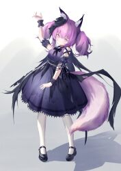1girl animal_ear_fluff animal_ears arknights arm_up black_bow black_bowtie black_dress black_wrist_cuffs bow bowtie closed_mouth cross-laced_slit dress fox_ears fox_girl fox_tail full_body hair_between_eyes hair_ornament hat highres long_hair looking_at_viewer mini_hat official_alternate_costume pantyhose purple_eyes purple_hair shamare_(arknights) shamare_(echo_of_the_horrorlair)_(arknights) smile solo standing tail twintails user_zndk4343 white_pantyhose wrist_cuffs