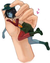 Rule 34 | 1girl, black hair, blue blush, blue skin, blunt bangs, blunt ends, bob cut, colored skin, ena: dream bbq, ena (dream bbq), ena (series), ena (species), fingernails, green hat, hangover ena, hat, highres, hole in chest, hole in stomach, hole on body, looking at viewer, multicolored skin, red skin, shirt, short sleeves, simple background, two-tone skin, usagimarumei