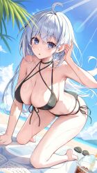 Rule 34 | 1girl, ahoge, all fours, bare shoulders, barefoot, beach, bikini, black bikini, blue eyes, book, breasts, collarbone, commission, day, dutch angle, front-tie bikini top, front-tie top, hair behind ear, highres, large breasts, light rays, long hair, looking at viewer, navel, open book, original, outdoors, parted lips, pine (angel4195202), pixiv commission, sandals, side-tie bikini bottom, swimsuit, unworn sandals, white hair