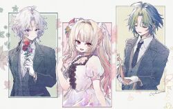 1girl 2boys ahoge black_hair black_jacket black_necktie black_suit black_vest bow brown_hair closed_eyes closed_mouth collared_shirt colored_inner_hair curtained_hair dress dress_shirt flower formal_clothes green_eyes green_hair grey_hair hair_bow hair_flower hair_intakes hair_ornament heterochromia highres holding holding_another&#039;s_hair holding_flower inami_rai jacket lapels long_hair looking_at_viewer makaino_ririmu multicolored_hair multiple_boys murakumo_kagetsu necktie nijisanji open_mouth paseri_umai pink_eyes pink_hair pointy_ears puffy_short_sleeves puffy_sleeves purple_eyes rose shirt short_hair short_sleeves simple_background smile streaked_hair suit suit_jacket two-tone_hair two_side_up upper_body vest virtual_youtuber wavy_hair white_background white_dress white_shirt
