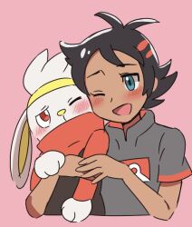 1boy black_hair blue_eyes blush creatures_(company) dark-skinned_male dark_skin game_freak gen_8_pokemon goh_(pokemon) male_focus nintendo one_eye_closed pink_background pokemon pokemon_(anime) pokemon_(creature) pokemon_journeys raboot red_eyes short_hair shugara