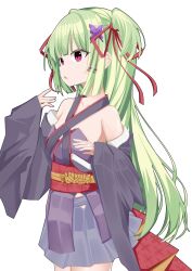 1girl :o absurdres bare_shoulders black_kimono black_skirt blunt_bangs blunt_ends breasts butterfly_hair_ornament collarbone commentary cowboy_shot criss-cross_halter green_hair hair_ornament hair_ribbon halterneck hand_up highres hime_cut japanese_clothes kimono long_hair looking_ahead mamiya_yuki miniskirt murasame_(senren) open_mouth pleated_skirt red_eyes red_ribbon red_sash ribbon sash senren_banka sidelocks simple_background skirt sleeves_past_wrists small_breasts solo straight_hair two_side_up very_long_hair white_background