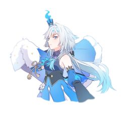 Rule 34 | 1girl, blue dress, blue eyes, breasts, cape, cerydra (honkai: star rail), crown, detached sleeves, dress, fur-trimmed cape, fur trim, highres, honkai: star rail, honkai (series), juliet sleeves, long hair, long sleeves, looking at viewer, mini crown, ol nang, puffy sleeves, simple background, sleeveless, sleeveless dress, small breasts, solo, unworn cape, upper body, very long hair, white background, white hair