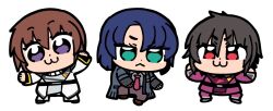 3boys :&lt; :3 arms_up athrun_zala bkub black_hair blue_hair brown_hair chibi chibi_only full_body gloves green_eyes gundam gundam_seed gundam_seed_destiny gundam_seed_freedom highres jacket kira_yamato male_focus military_uniform multiple_boys necktie pants purple_eyes red_eyes red_necktie shinn_asuka shirt short_hair simple_background white_background