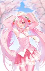 Rule 34 | 1girl, absurdres, armpits, arms up, blush, breasts, cherry blossoms, detached sleeves, falling petals, food-themed hair ornament, fruit hair ornament, hair between eyes, hair ornament, hatsune miku, highres, long hair, long sleeves, mani (manidrawings), medium breasts, necktie, official alternate costume, official alternate hairstyle, one eye closed, open mouth, petals, pink eyes, pink hair, pink nails, pink necktie, pink shirt, pink thighhighs, pleated skirt, sakura miku, shirt, skirt, sleeveless, sleeveless shirt, smile, solo, thighhighs, twintails, very long hair, vocaloid, wide sleeves