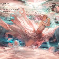 1girl aiobahn air_bubble album_cover blurry bubble closed_eyes cover depth_of_field dress facing_to_the_side floating floating_hair frilled_dress frills full_body hair_ornament highres jellyfish light_rays lm7_(op-center) long_hair maltine_records mermaid monster_girl no_feet pink_hair praying sleeveless solo submerged underwater watermark