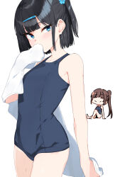 2girls absurdres bare_arms bare_shoulders black_hair brown_hair chibi hair_ornament hairpin highres holding holding_towel isocha long_hair looking_at_viewer medium_hair multiple_girls new_school_swimsuit original ponytail school_swimsuit side_ponytail simple_background swimsuit thighs towel white_background
