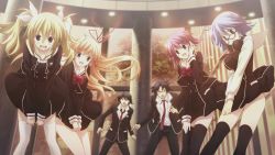 10s 2boys 4girls :d arimura_hinae belt black_dress black_jacket black_legwear black_pants blue_hair blush bow bowtie chaos;child clothes_lift dress dress_lift dress_tug floating_hair game_cg glasses hair_ribbon hand_in_own_hair headphones headphones_around_neck highres jacket kazuki_hana kurusu_nono light_brown_hair long_hair looking_down miyashiro_takuru multiple_boys multiple_girls necktie official_art onoe_serika open_mouth outdoors pants pink_hair purple_eyes red_bow red_bowtie red_eyes red_necktie red_ribbon ribbon sasaki_mutsumi school_uniform shirt short_dress short_hair short_hair_with_long_locks sidelocks smile standing thighhighs twintails very_long_hair white_legwear white_ribbon white_shirt wind wind_lift zettai_ryouiki