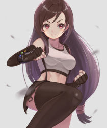 1girl bare_shoulders black_hair black_skirt black_thighhighs blurry blurry_foreground blush breasts clenched_hands commentary crop_top earrings elbow_gloves fighting_stance final_fantasy final_fantasy_vii final_fantasy_vii_remake fingerless_gloves floating_earring gloves jewelry long_hair looking_ahead low-tied_long_hair medium_breasts midriff miniskirt purea red_eyes shirt skirt smile solo square_enix suspender_skirt suspenders swept_bangs tank_top taut_clothes taut_shirt thighhighs tifa_lockhart v-shaped_eyebrows very_long_hair white_background white_tank_top
