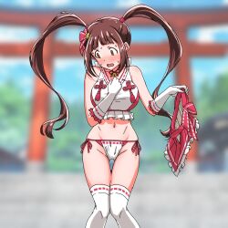 Rule 34 | 1girl, averting eyes, bare shoulders, bell, concept maihime (idolmaster), elbow gloves, frilled gloves, frilled shirt, frilled skirt, frills, gloves, hair bell, hair ornament, halterneck, highres, holding, holding unworn clothes, holding unworn skirt, idolmaster, idolmaster million live!, matsuda arisa, shirt, skirt, solo, the end of chun, twintails, unworn skirt