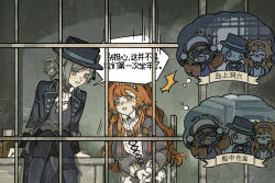 2girls :d ^^^ ascot bars black_boots black_coat black_hat black_pants black_vest blush boater_hat boots chinese_text coat collared_dress collared_shirt dress feet_out_of_frame green_eyes grey_background grey_cloak grey_eyes grey_hair grey_sleeves hair_bun hat high_collar highres imagining iron_bars long_hair looking_at_another looking_to_the_side multiple_girls official_art on_chair on_table open_mouth orange_hair pants prison_cell regulus_(reverse:1999) reverse:1999 shirt short_hair single_side_bun sitting smile sonetto_(reverse:1999) speech_bubble table thought_bubble translated vertin_(reverse:1999) vest white_ascot white_dress white_shirt