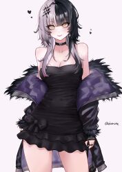 1girl absurdres adammaarr adapted_costume alternate_costume bare_shoulders black_arm_warmers black_choker black_dress black_hair black_nails breasts choker cleavage coat cross cross_earrings dress earrings fur-trimmed_coat fur_trim gloves grey_hair hair_ornament heart heart_o-ring heart_ring_choker highres hololive hololive_english jewelry lace lace-trimmed_choker lace_choker lace_trim large_breasts long_hair looking_at_viewer multicolored_hair o-ring o-ring_choker shiori_novella shiori_novella_(1st_costume) simple_background smile solo split-color_hair striped_arm_warmers striped_clothes striped_gloves two-tone_hair virtual_youtuber white_background yellow_eyes