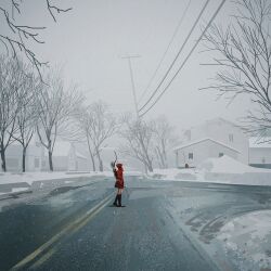1girl bare_tree black_boots boots building cloak coat day fire_hydrant footprints girl_chasing_giants_(yun_ling) highres hood hooded_cloak house mud original outdoors power_lines red_cloak road rubber_boots scarf scenery skirt sky snow snowing solo tree utility_pole white_house wind winter yun_ling