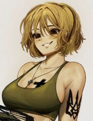 Rule 34 | 1girl, arm tattoo, azov battalion, blonde hair, blush, breast tattoo, breasts, brown eyes, cross, green sports bra, grin, highres, large breasts, latin cross, looking down, marichka, medium hair, original, russo-ukrainian war, shoulder tattoo, smile, solo, sports bra, tattoo, tryzub, usergore