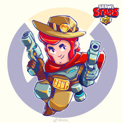 1boy alternate_costume armor bandana bandana_around_neck belt belt_buckle black_eyes brawl_stars breastplate brown_gloves brown_hat brown_pants brown_shoes buckle cassidy_(overwatch) cassidy_(overwatch)_(cosplay) closed_mouth colt_(brawl_stars) copyright_name cosplay cowboy_hat dual_wielding english_text full_body glint gloves gun handgun happy hat holding holding_gun holding_weapon iwse_zhang knee_pads logo looking_at_viewer male_focus mechanical_arms outline overwatch pants prosthesis red_bandana red_hair revolver shoes short_hair sideburns sideways_mouth single_knee_pad single_mechanical_arm smile solo thick_eyebrows watermark weapon weibo_username weibo_watermark white_outline