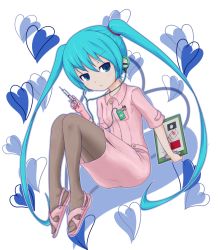&gt;:( 1girl clipboard digital_media_player female_focus frown hatsune_miku hatsune_negame ipod needle nurse pantyhose sandals solo stethoscope twintails v-shaped_eyebrows vocaloid