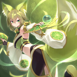 1girl absurdres animal_ears commentary crop_top detached_sleeves dual_wielding duel_monster food fox_ears fox_girl from_behind fruit green_background green_eyes green_hair hand_fan highres holding holding_fan hu-li_the_jewel_mikanko kanzakietc lime_(fruit) looking_at_viewer looking_back nail_polish orb smile solo wind yu-gi-oh!