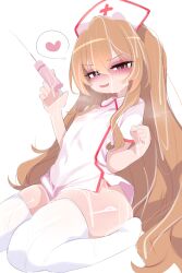 1girl aisaka_taiga blush brown_hair covered_navel cum cum_on_body cum_on_hair cum_on_legs facial hat heart highres holding holding_syringe kneehighs kukuchi581 loli long_hair nurse nurse_cap open_mouth pear-shaped_figure socks solo syringe thick_thighs thighhighs thighs tongue tongue_out toradora! very_long_hair white_background white_thighhighs
